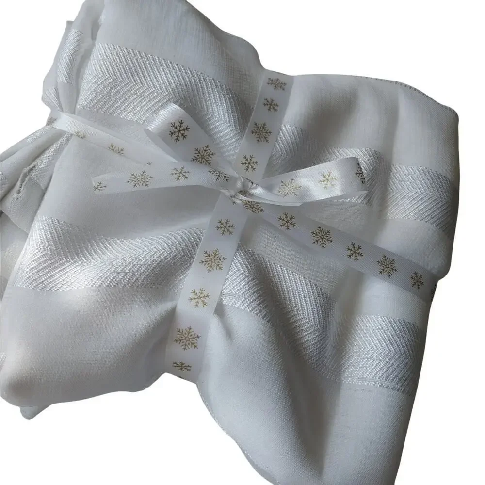 FRESH, AIRY WHITEST WHITE SHEER RIBBON HORIZONTAL STRIPED FABRIC SHOWER CURTAIN!